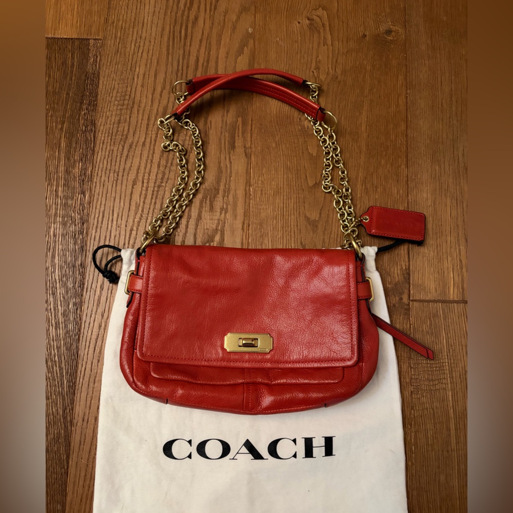 Coach Scarlet Leather Shoulder Bag with Gold Accents